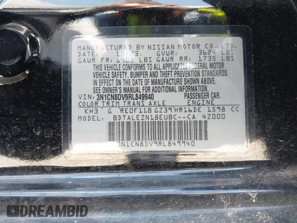 2024 Nissan Versa S with VIN 3N1CN8DV9RL849940, listed as a IAAI auction lot 41910940 with 5,087 mi miles and . Bid and sale history available at DreamBid. Image 9.