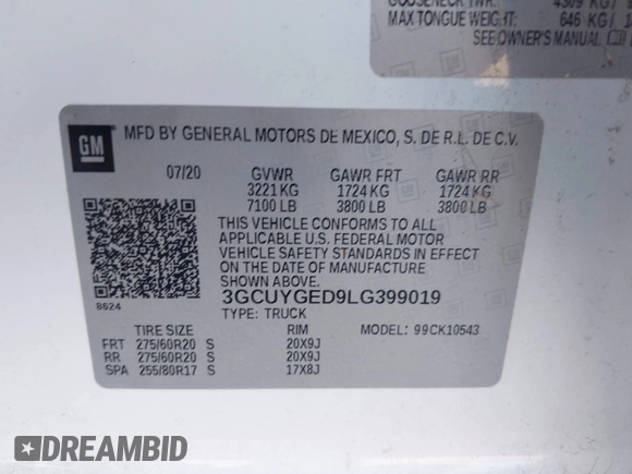 2020 Chevrolet Silverado 1500 LTZ with VIN 3GCUYGED9LG399019, listed as a IAAI auction lot 42243290 with 60,698 mi miles and . Bid and sale history available at DreamBid. Image 9.