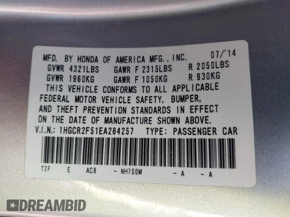 2014 Honda Accord Sport with VIN 1HGCR2F51EA284257, listed as a IAAI auction lot 42185473 with 86,651 mi miles and . Bid and sale history available at DreamBid. Image 9.