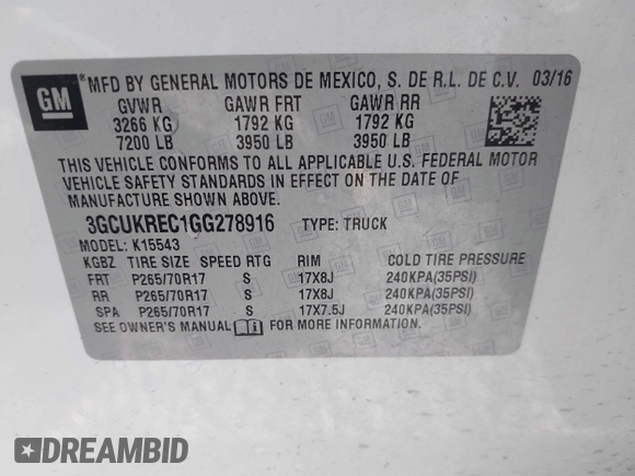 2016 Chevrolet Silverado 1500 LT with VIN 3GCUKREC1GG278916, listed as a IAAI auction lot 41799147 with 123,217 mi miles and . Bid and sale history available at DreamBid. Image 9.