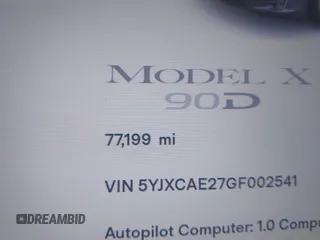 2016 Tesla Model X 70D z VIN 5YJXCAE27GF002541, wystawiony jako IAAI lot #41957228 z przebiegiem 77 199 mil mil oraz . Historia ofert i sprzedaży dostępna na DreamBid. Obrazek 15.