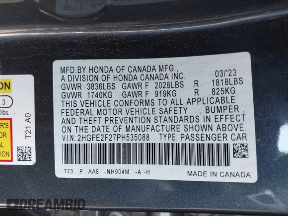2023 Honda Civic Sedan LX with VIN 2HGFE2F27PH535088, listed as a IAAI auction lot 41477039 with 17,791 mi miles. Bid and sale history available at carsss.com. Image 9.