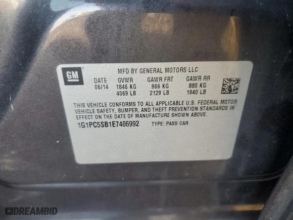 2014 Chevrolet Cruze 1LT with VIN 1G1PC5SB1E7406992, listed as a Copart auction lot 49529705 with 0 mi miles and Salvage Title. Bid and sale history available at carsss.com. Image 12.