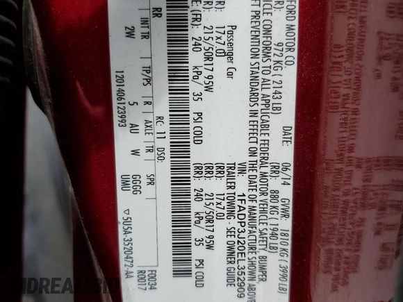 2014 Ford Focus Titanium with VIN 1FADP3J20EL352909, listed as a Copart auction lot 58501085 with 174,388 mi miles and Salvage title. Bid and sale history available at DreamBid. Image 13.