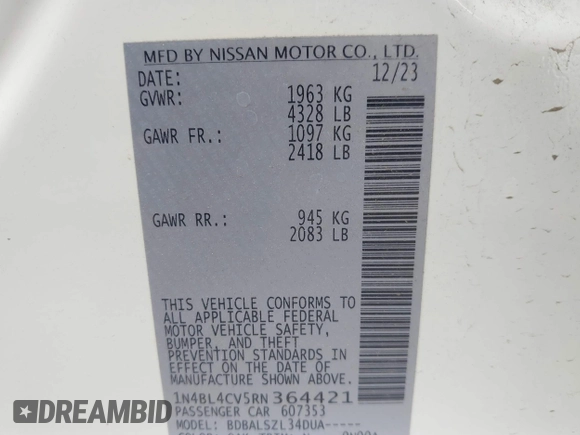 2024 Nissan Altima SR z VIN 1N4BL4CV5RN364421, wystawiony jako IAAI lot #42299917 z przebiegiem 36 169 mil mil oraz . Historia ofert i sprzedaży dostępna na DreamBid. Obrazek 9.