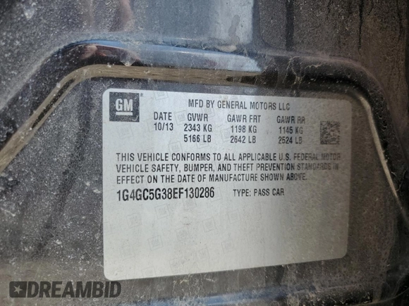 2014 Buick LaCrosse Leather with VIN 1G4GC5G38EF130286, listed as a Copart auction lot 54661645 with 77,278 mi miles and Salvage title. Bid and sale history available at DreamBid. Image 13.