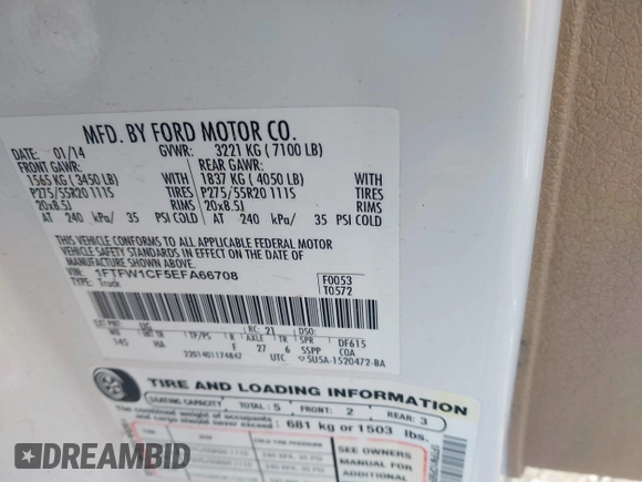 2014 Ford F-150 XL with VIN 1FTFW1CF5EFA66708, listed as a IAAI auction lot 41738400 with 370,307 mi miles and . Bid and sale history available at DreamBid. Image 9.