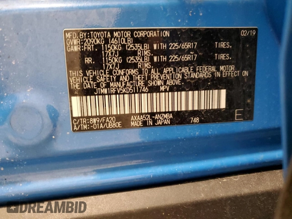 2019 Toyota RAV4 XLE with VIN JTMW1RFV5KD511746, listed as a Copart auction lot 51341375 with 33,535 mi miles and Salvage Title. Bid and sale history available at carsss.com. Image 13.