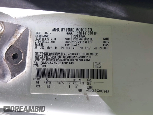 2015 Ford Transit Connect XL with VIN NM0LS7E70F1201449, listed as a IAAI auction lot 42360021 with 124,254 mi miles and . Bid and sale history available at DreamBid. Image 9.