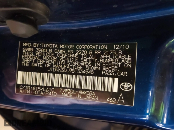 2011 Toyota Prius I with VIN JTDKN3DU9B1334548, listed as a IAAI auction lot 41891735 with 128,841 mi miles and . Bid and sale history available at DreamBid. Image 9.
