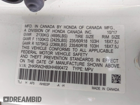 2017 Honda CR-V EX-L with VIN 2HKRW2H80HH690472, listed as a IAAI auction lot 41856777 with 162,455 mi miles. Bid and sale history available at carsss.com. Image 9.