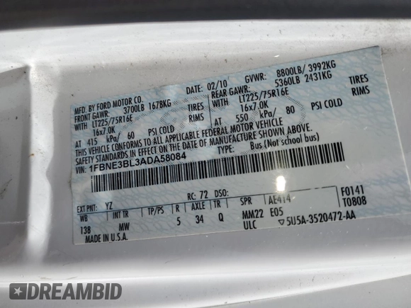 2010 Ford Econoline Passenger XL с VIN 1FBNE3BL3ADA58084, выставлен на аукционе Copart как лот 56645645 с пробегом 153 891 миль миль и Чистый • Clean title. История ставок и продаж доступна на DreamBid. Изображение 13.