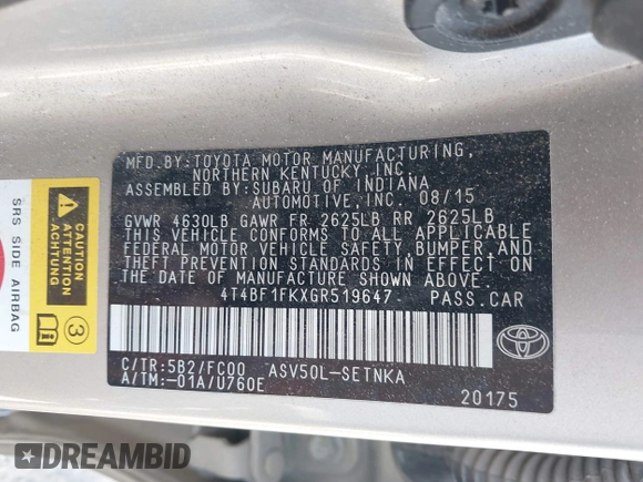 2016 Toyota Camry XLE with VIN 4T4BF1FKXGR519647, listed as a IAAI auction lot 42010266 with 123,595 mi miles and . Bid and sale history available at DreamBid. Image 9.