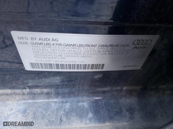 2005 Audi A4 2.0T with VIN WAUDF78E85A548755, listed as a Copart auction lot 76866564 with 192,945 mi miles and Clean Title. Bid and sale history available at carsss.com. Image 12.