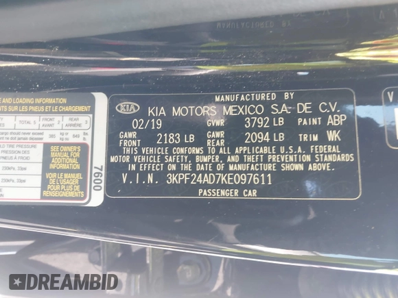 2019 Kia Forte LXS с VIN 3KPF24AD7KE097611, выставлен на аукционе IAAI как лот 42323607 с пробегом 30 697 миль миль и . История ставок и продаж доступна на DreamBid. Изображение 9.