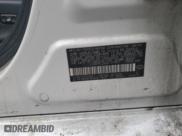 2010 Lexus IS 250 with VIN JTHBF5C26A5107557, listed as a Copart auction lot 54935835 with 133,132 mi miles and Salvage title. Bid and sale history available at DreamBid. Image 12.