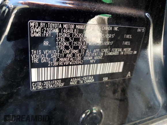 2015 Toyota RAV4 LE with VIN 2T3BFREV8FW326942, listed as a Copart auction lot 51012125 with 185,661 mi miles and Salvage Title. Bid and sale history available at carsss.com. Image 14.