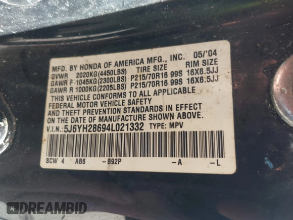 2004 Honda Element EX with VIN 5J6YH28694L021332, listed as a IAAI auction lot 42103641 with 225,771 mi miles and . Bid and sale history available at DreamBid. Image 9.