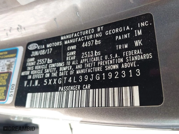 2018 Kia Optima S with VIN 5XXGT4L39JG192313, listed as a IAAI auction lot 41260143 with 138,413 mi miles. Bid and sale history available at carsss.com. Image 9.