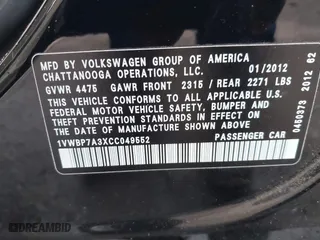 2012 Volkswagen Passat SE with VIN 1VWBP7A3XCC049552, listed as a IAAI auction lot 41627827 with 196,428 mi miles. Bid and sale history available at carsss.com. Image 9.