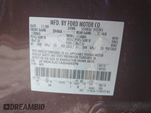 2010 Ford Edge SEL with VIN 2FMDK3JC1ABA68079, listed as a IAAI auction lot 41826909 with 199,757 mi miles. Bid and sale history available at carsss.com. Image 9.