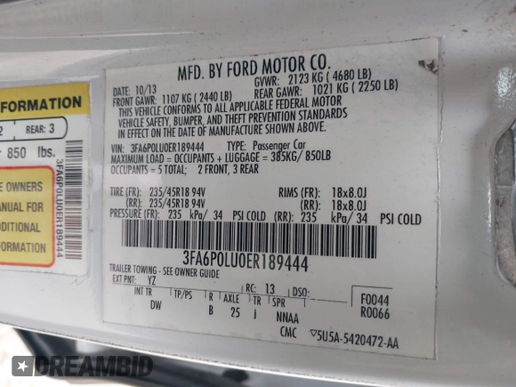 2014 Ford Fusion SE Hybrid with VIN 3FA6P0LU0ER189444, listed as a IAAI auction lot 42291020 with 187,148 mi miles and . Bid and sale history available at DreamBid. Image 9.