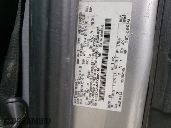 2015 Ford Transit XL z VIN 1FBZX2ZM4FKB05310, wystawiony jako Copart lot #50868425 z przebiegiem 213 960 mil mil oraz Szkody całkowita. Historia ofert i sprzedaży dostępna na DreamBid. Obrazek 14.
