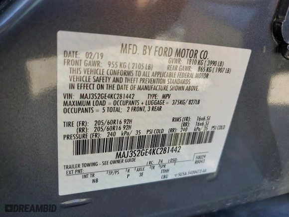 2019 Ford EcoSport SE with VIN MAJ3S2GE4KC281442, listed as a Copart auction lot 51650055 with 16,104 mi miles and Salvage Title. Bid and sale history available at carsss.com. Image 14.