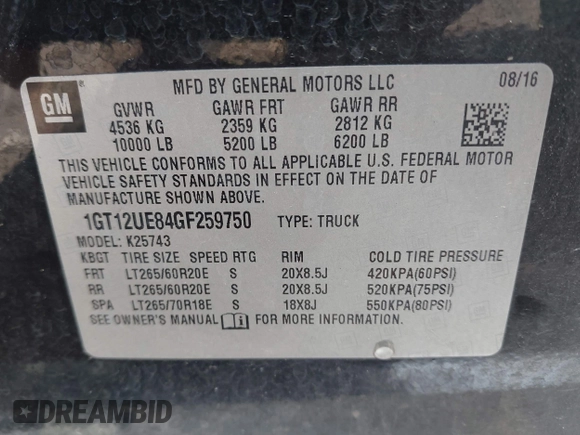 2016 GMC Sierra 2500HD Denali z VIN 1GT12UE84GF259750, wystawiony jako IAAI lot #42221632 z przebiegiem 201 055 mil mil oraz . Historia ofert i sprzedaży dostępna na DreamBid. Obrazek 9.