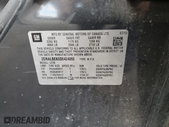 2013 Chevrolet Equinox LS with VIN 2GNALBEK6D6424966, listed as a Copart auction lot 55572875 with 77,634 mi miles and Non Repairable. Bid and sale history available at DreamBid. Image 13.