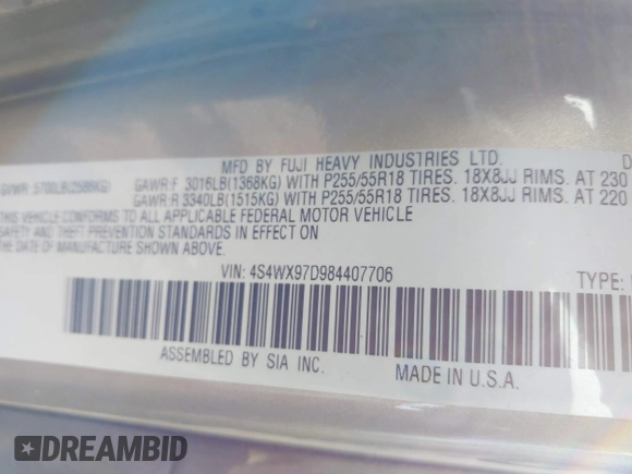 2008 Subaru Tribeca Limited с VIN 4S4WX97D984407706, выставлен на аукционе IAAI как лот 42452547 с пробегом 190 493 миль миль и . История ставок и продаж доступна на DreamBid. Изображение 9.