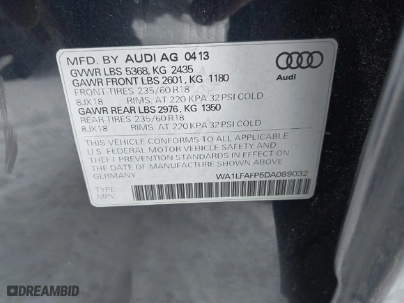 2013 Audi Q5 Premium Plus with VIN WA1LFAFP5DA089032, listed as a IAAI auction lot 41539275 with 165,736 mi miles. Bid and sale history available at carsss.com. Image 9.
