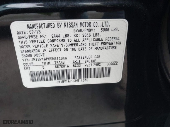 2013 Infiniti M37 with VIN JN1BY1AP0DM514046, listed as a IAAI auction lot 42031499 with 219,726 mi miles. Bid and sale history available at carsss.com. Image 9.