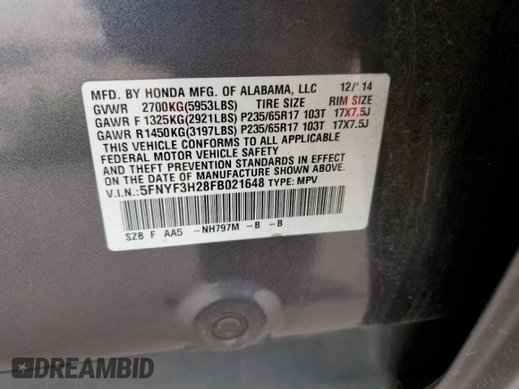 2015 Honda Pilot LX with VIN 5FNYF3H28FB021648, listed as a Copart auction lot 49292675 with 118,841 mi miles and Salvage Title. Bid and sale history available at carsss.com. Image 14.