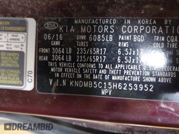 2017 Kia Sedona LX with VIN KNDMB5C15H6253952, listed as a IAAI auction lot 41881832 with 149,172 mi miles. Bid and sale history available at carsss.com. Image 9.