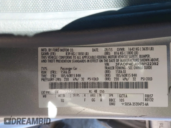 2016 Ford Fiesta SE z VIN 3FADP4EJ0GM122392, wystawiony jako IAAI lot #42364419 z przebiegiem 98 357 mil mil oraz . Historia ofert i sprzedaży dostępna na DreamBid. Obrazek 9.