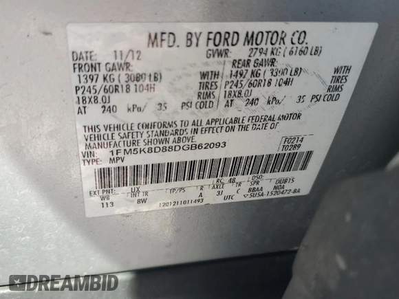2013 Ford Explorer XLT with VIN 1FM5K8D88DGB62093, listed as a Copart auction lot 48991285 with 147,359 mi miles and Non Repairable. Bid and sale history available at DreamBid. Image 13.