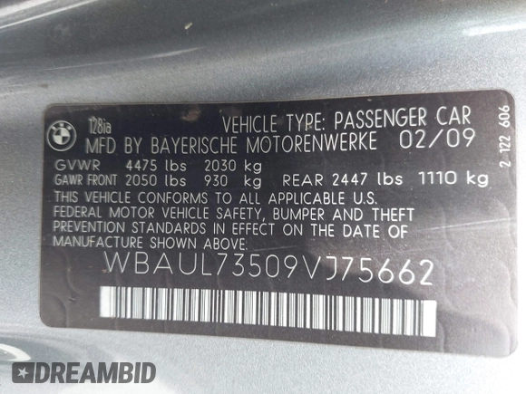 2009 BMW 1 Series 128i with VIN WBAUL73509VJ75662, listed as a IAAI auction lot 42639936 with 96,542 mi miles and . Bid and sale history available at DreamBid. Image 9.