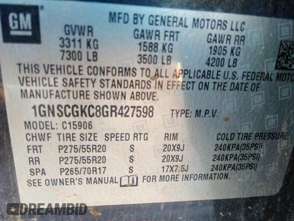 2016 Chevrolet Suburban LS with VIN 1GNSCGKC8GR427598, listed as a IAAI auction lot 42296815 with 197,388 mi miles and . Bid and sale history available at DreamBid. Image 9.