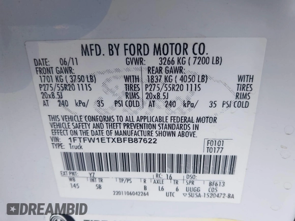 2011 Ford F-150 XLT with VIN 1FTFW1ETXBFB87622, listed as a IAAI auction lot 41758889 with 301,380 mi miles. Bid and sale history available at carsss.com. Image 9.