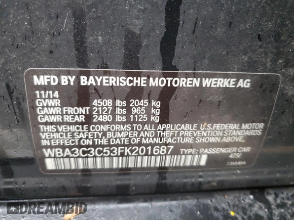2015 BMW 3 Series 320i xDrive with VIN WBA3C3C53FK201687, listed as a Copart auction lot 57637085 with 138,014 mi miles and Clean title. Bid and sale history available at DreamBid. Image 12.