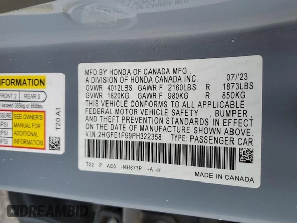 2023 Honda Civic Sedan Touring with VIN 2HGFE1F99PH322358, listed as a Copart auction lot 48635375 with 18,262 mi miles and Salvage Title. Bid and sale history available at carsss.com. Image 14.