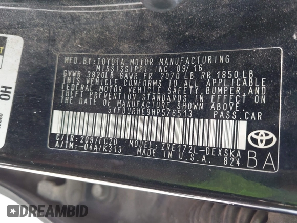 2017 Toyota Corolla L with VIN 5YFBURHE9HP576513, listed as a IAAI auction lot 42460720 with 217,852 mi miles and . Bid and sale history available at DreamBid. Image 9.
