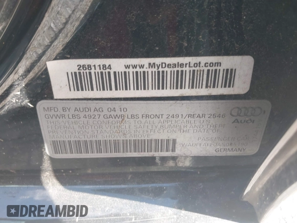 2010 Audi A4 2.0T Premium Plus with VIN WAUFFAFL0AN065190, listed as a IAAI auction lot 41796233 with 139,569 mi miles. Bid and sale history available at carsss.com. Image 9.