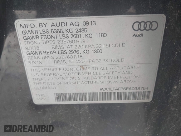 2014 Audi Q5 Premium Plus with VIN WA1LFAFP6EA038754, listed as a IAAI auction lot 42161656 with 173,202 mi miles. Bid and sale history available at carsss.com. Image 9.