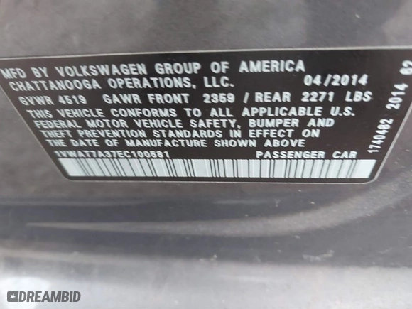 2014 Volkswagen Passat Wolfsburg Ed with VIN 1VWAT7A37EC100581, listed as a IAAI auction lot 41535884 with 119,169 mi miles. Bid and sale history available at carsss.com. Image 9.
