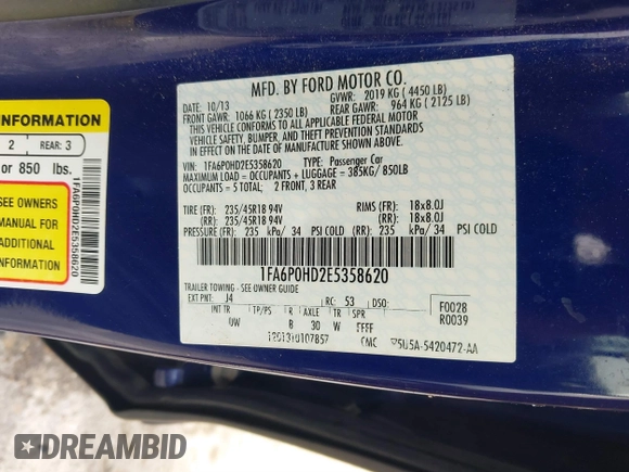 2014 Ford Fusion SE with VIN 1FA6P0HD2E5358620, listed as a IAAI auction lot 41820176 with 59,616 mi miles. Bid and sale history available at carsss.com. Image 9.