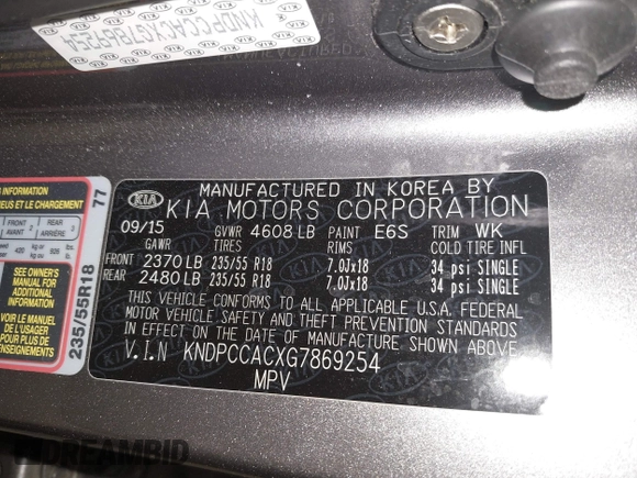 2016 Kia Sportage EX with VIN KNDPCCACXG7869254, listed as a IAAI auction lot 41830706 with 107,448 mi miles and . Bid and sale history available at carsss.com. Image 9.