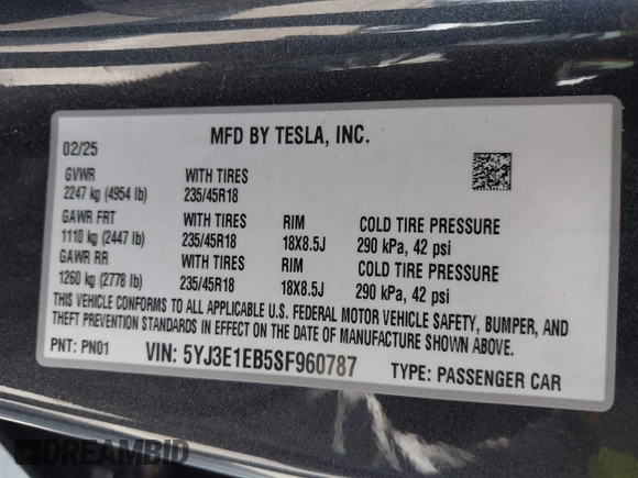 2025 Tesla Model 3 Long Range с VIN 5YJ3E1EB5SF960787, выставлен на аукционе IAAI как лот 42231981 с пробегом Не указан миль и . История ставок и продаж доступна на DreamBid. Изображение 9.