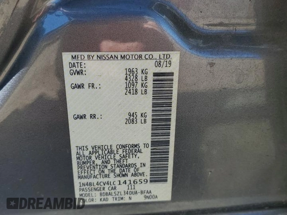 2020 Nissan Altima 2.5 SR with VIN 1N4BL4CV4LC141659, listed as a Copart auction lot 45570135 with 57,965 mi miles and Salvage Title. Bid and sale history available at carsss.com. Image 15.